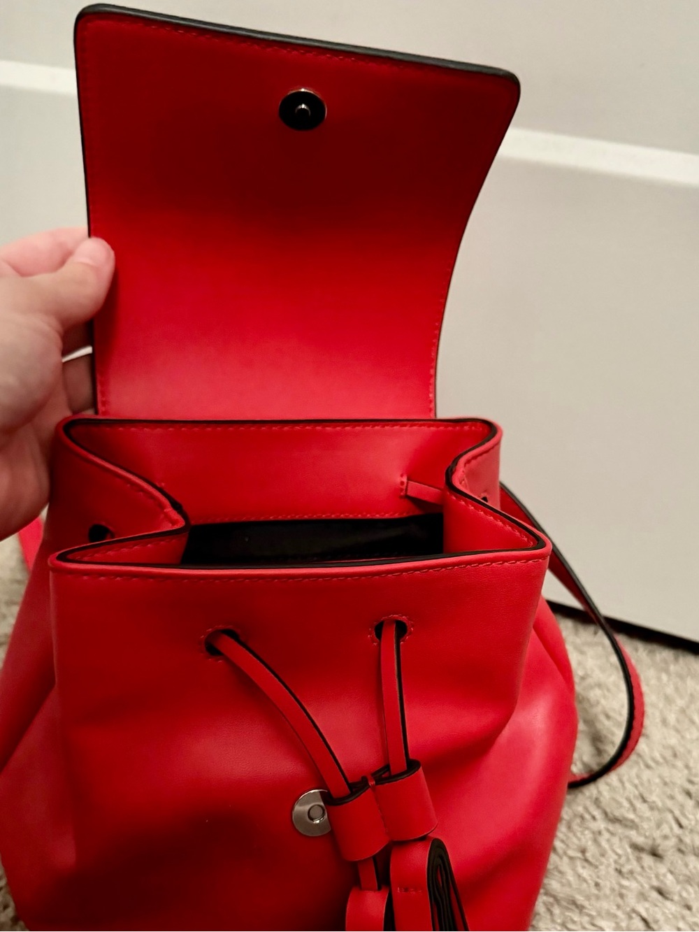 French Connection Cherry Red Faux Leather Tassel Mini Backpack - Picture 10 of 13